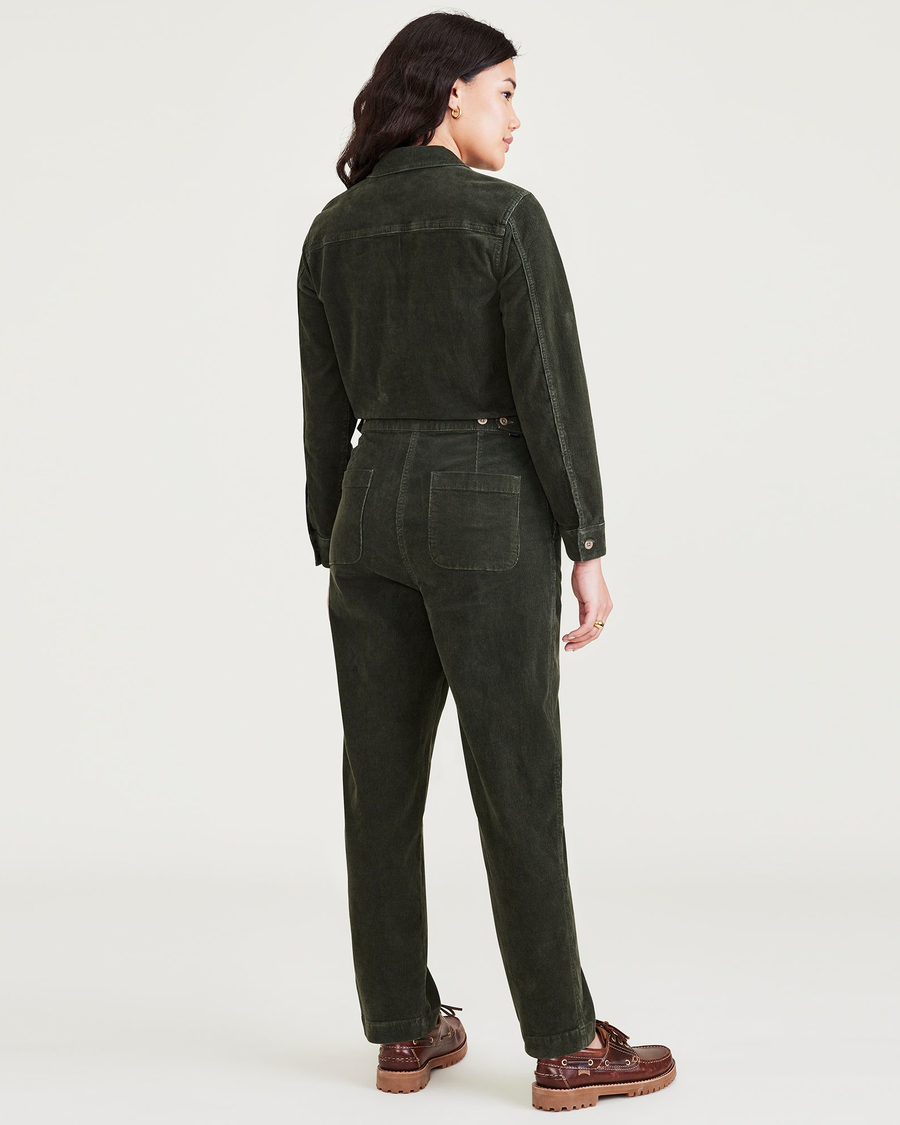 Back view of model wearing Forest Night Jumpsuit.