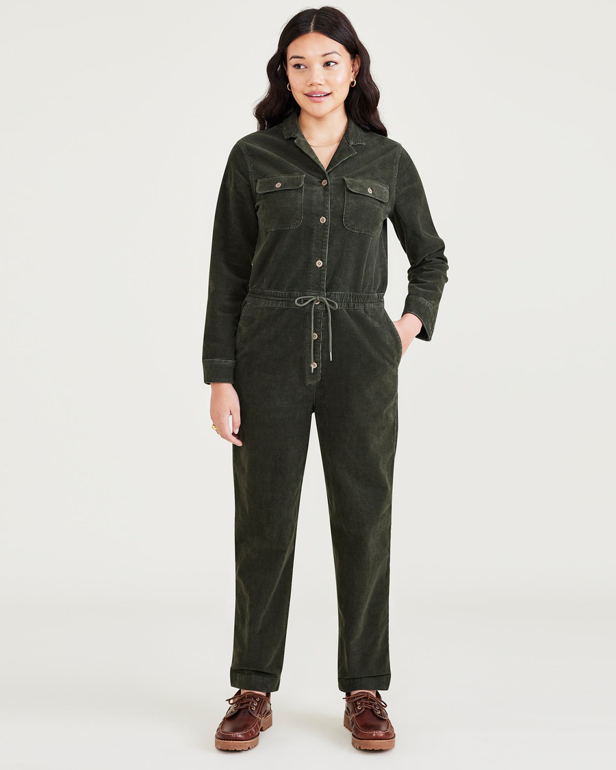 Front view of model wearing Forest Night Jumpsuit.