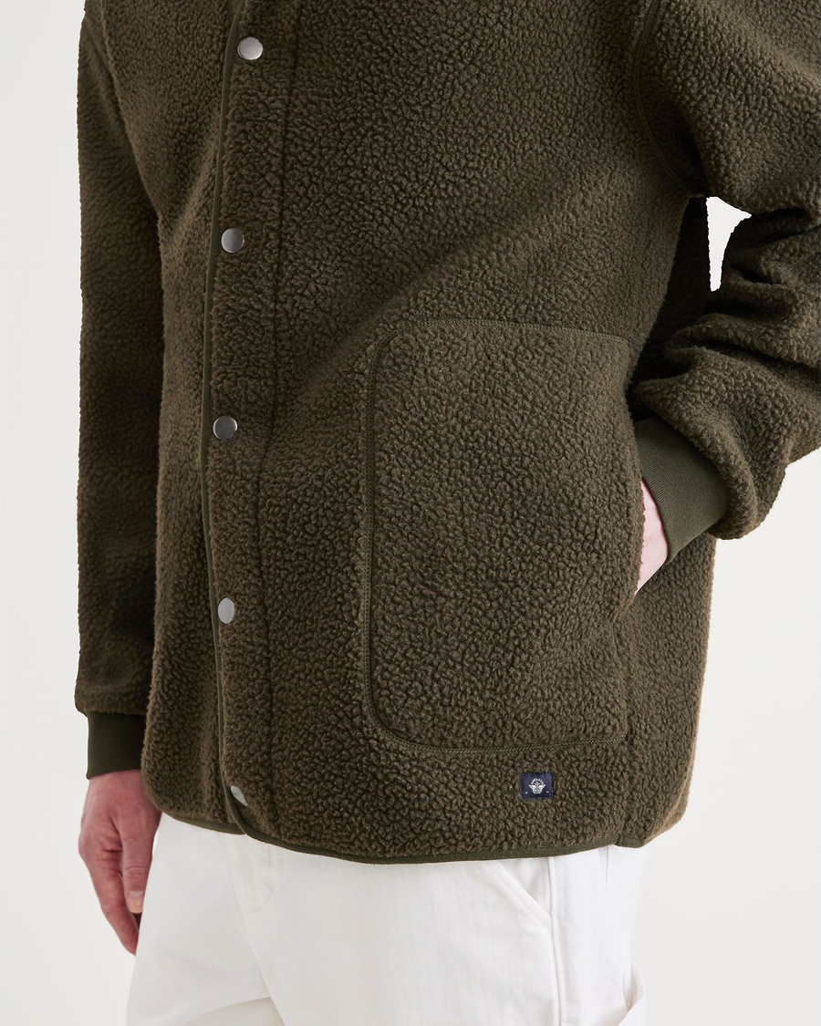 View of model wearing Forest Night Sherpa Jacket, Relaxed Fit.