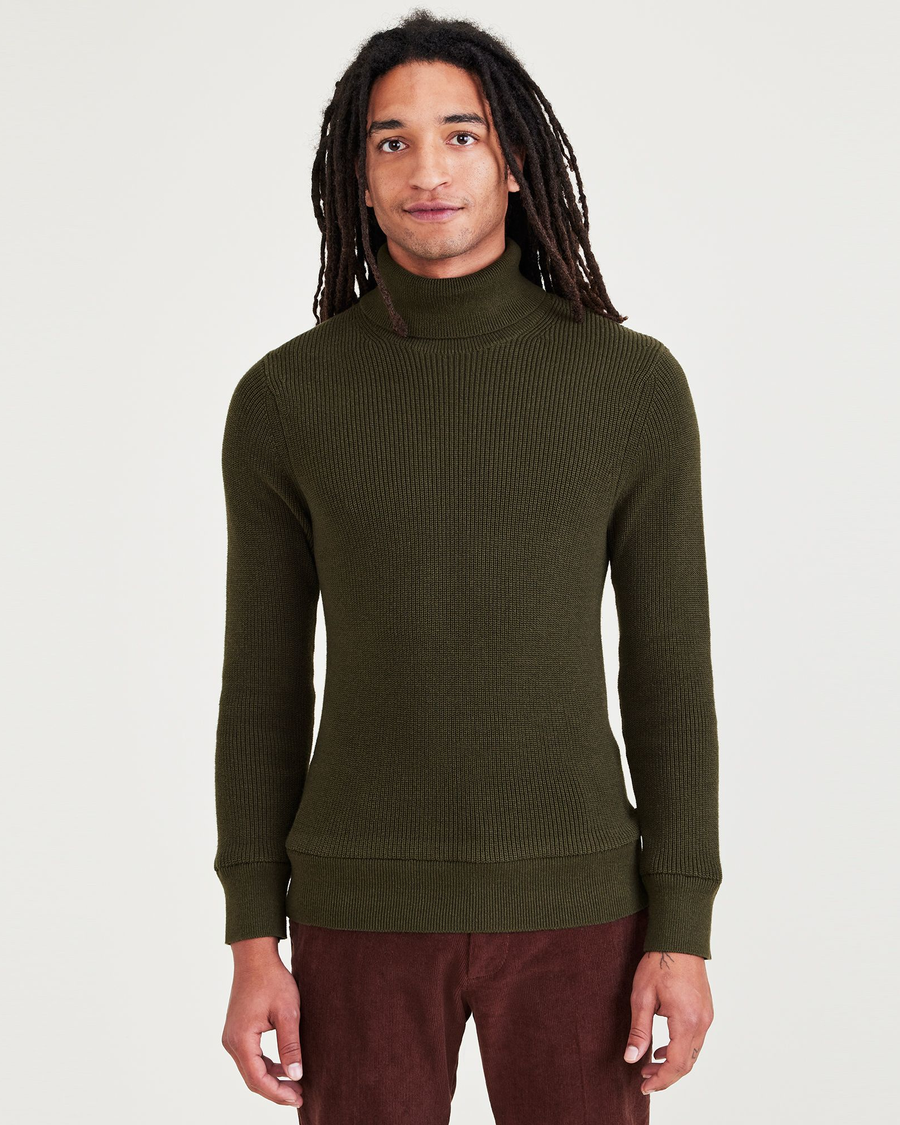 Front view of model wearing Forest Night Turtleneck Sweater, Regular Fit.