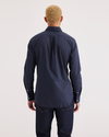 Back view of model wearing Fortuna Poplin Navy Blazer Crafted Shirt, Slim Fit.