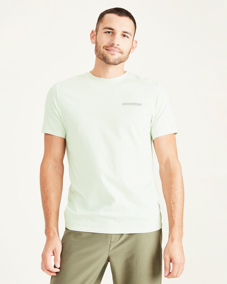 Front view of model wearing Frosted Mint Stencil Graphic Tee, Slim Fit.