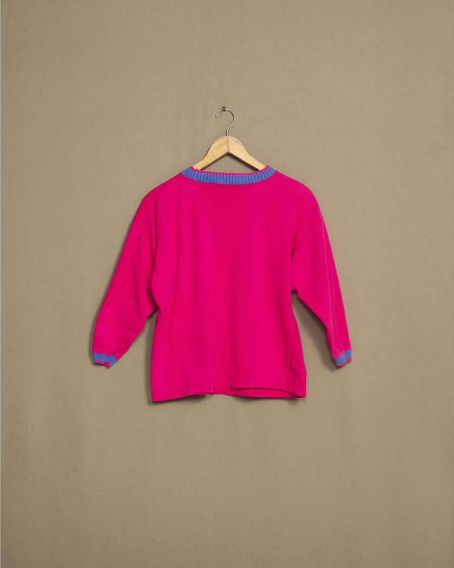 Back view of model wearing Fuschia Pink Mountain Peaks Sweatshirt - XS.