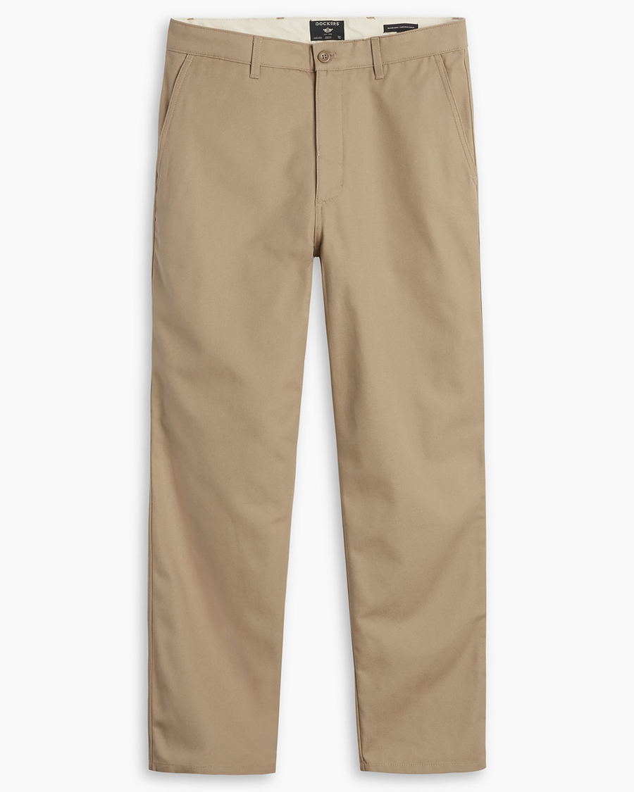 Front view of model wearing Golden Khaki Dockers® Made in the USA Chinos, Relaxed Tapered Fit.