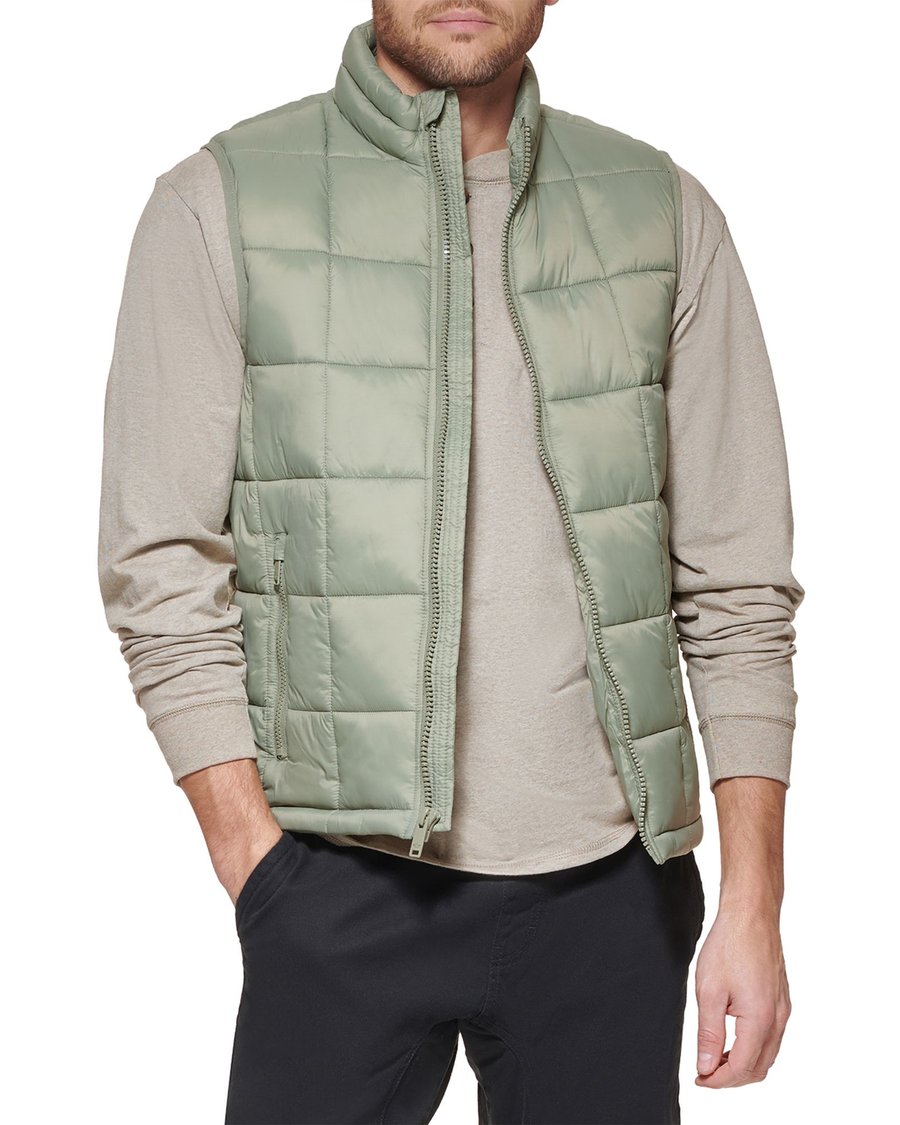 Front view of model wearing Green Box Quilt Puffer Vest, Regular Fit.