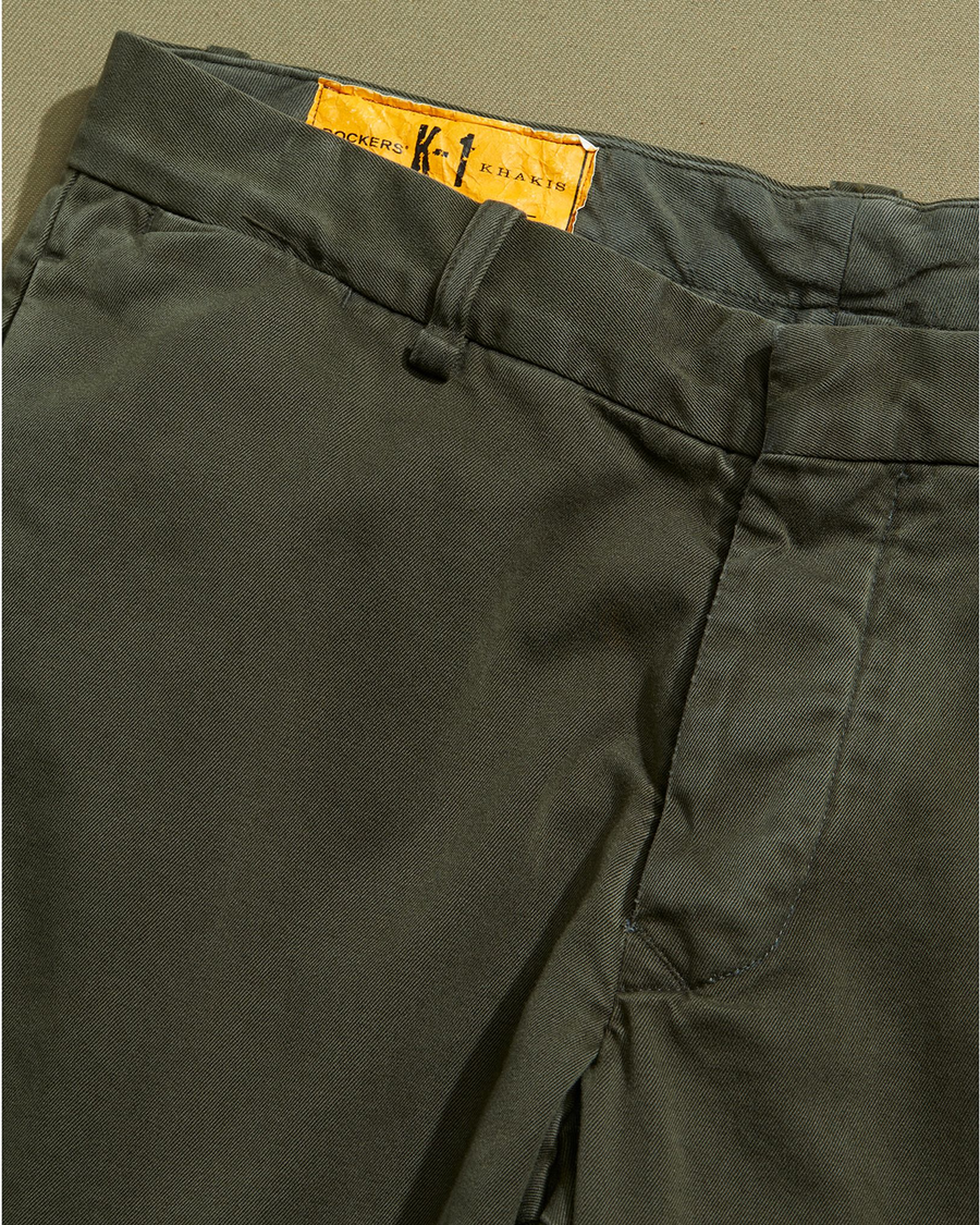 View of model wearing Green K-1 Coin Pocket Trouser - 34 x 29.