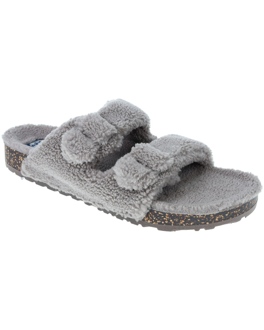 Front view of  Grey 2 Buckle Sherpa Slippers.