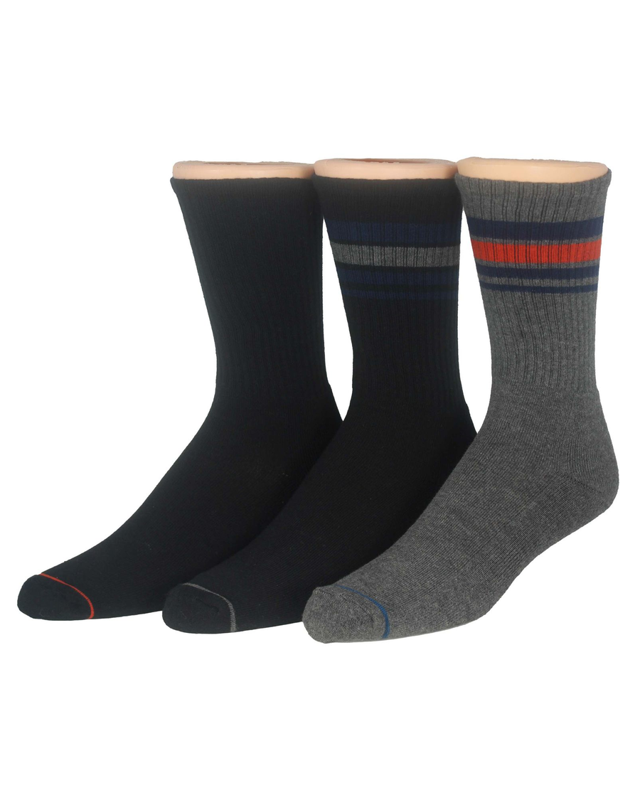 View of  Grey Black 1/2 Cushion Ribbed Crew Sock with Pattern, 3 Pack.