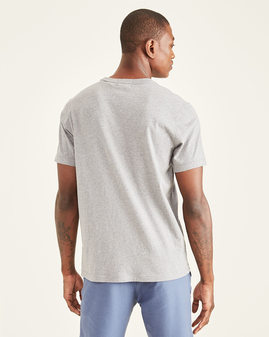 Back view of model wearing Grey Heather Icon Tee Shirt, Slim Fit.