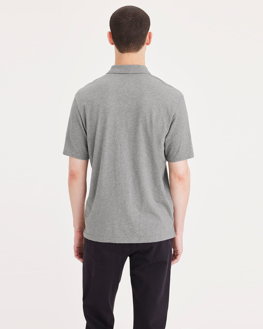 Back view of model wearing Grey Heather Pocket Polo, Regular Fit.