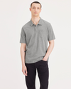 Front view of model wearing Grey Heather Pocket Polo, Regular Fit.