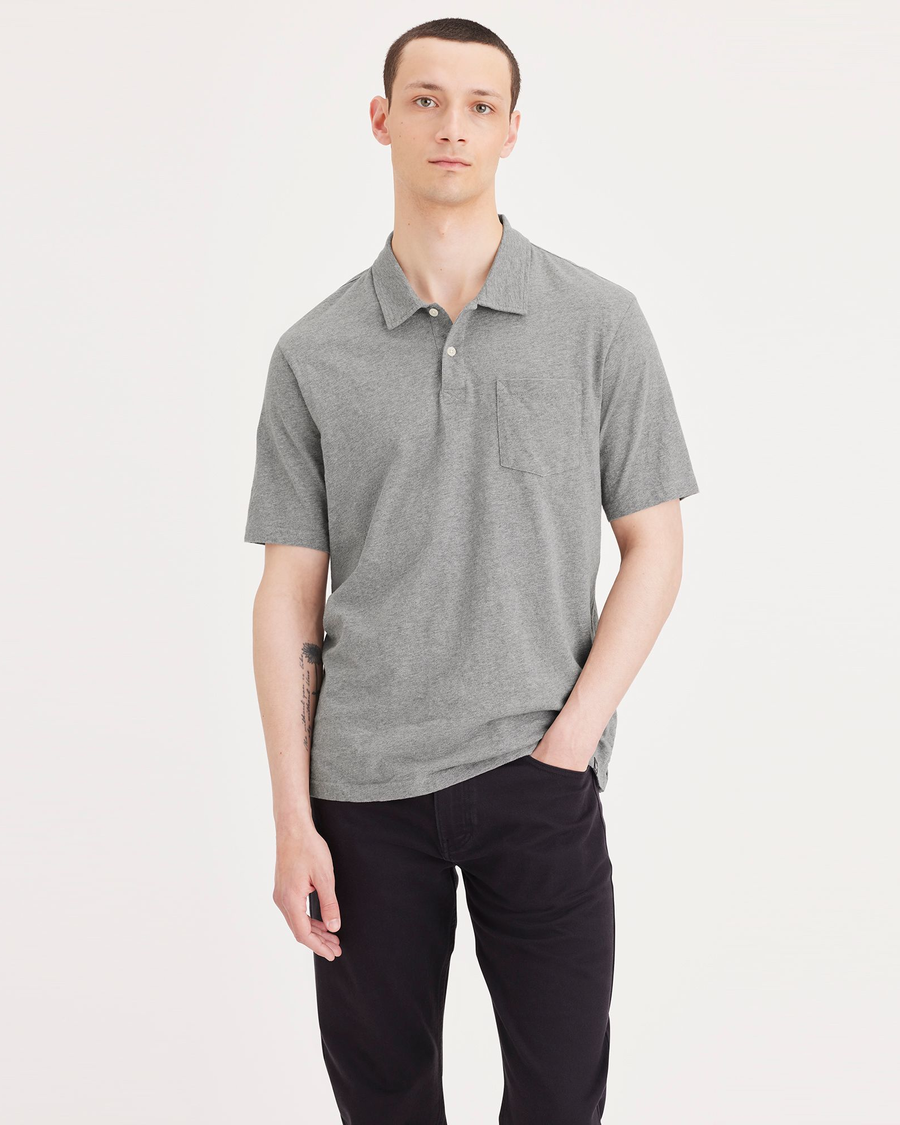 Front view of model wearing Grey Heather Pocket Polo, Regular Fit.