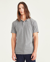 Front view of model wearing Grey Heather Rib Collar Polo, Slim Fit.