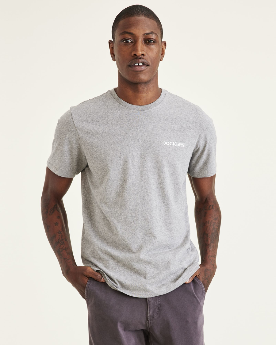 Front view of model wearing Grey Heather Stencil Graphic Tee, Slim Fit.