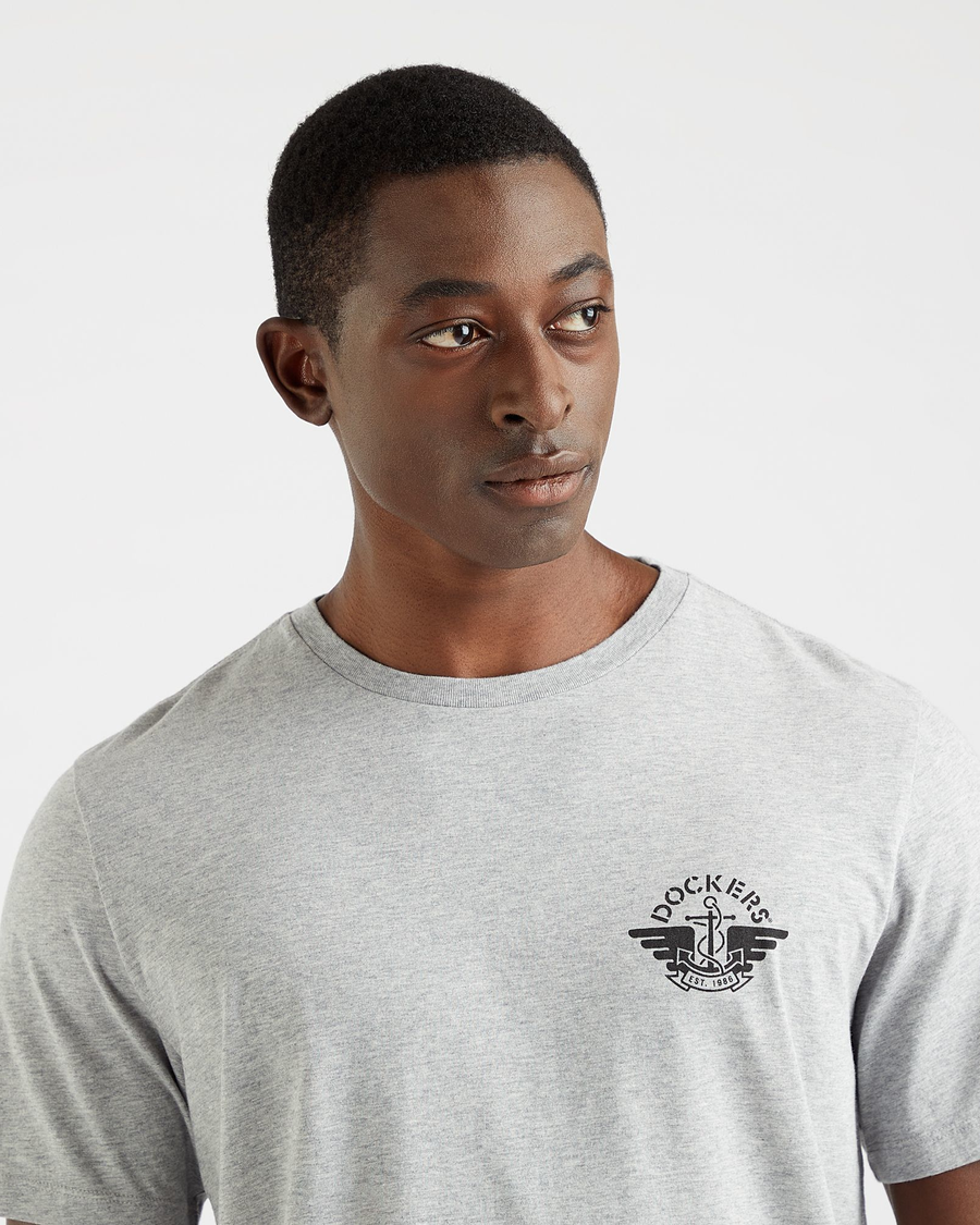 View of model wearing Grey Heather Wings & Anchor Graphic Tee, Slim Fit.