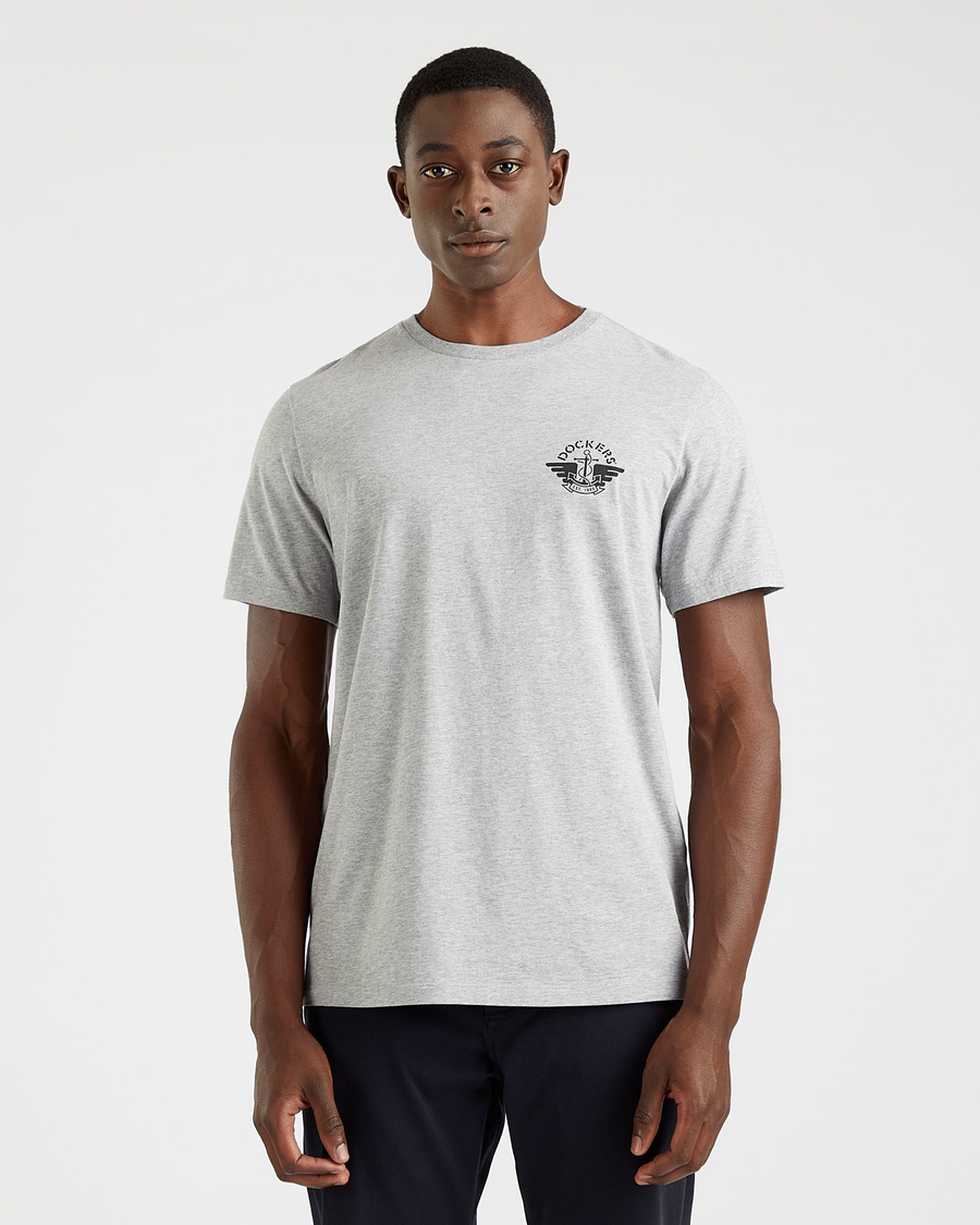 Front view of model wearing Grey Heather Wings & Anchor Graphic Tee, Slim Fit.