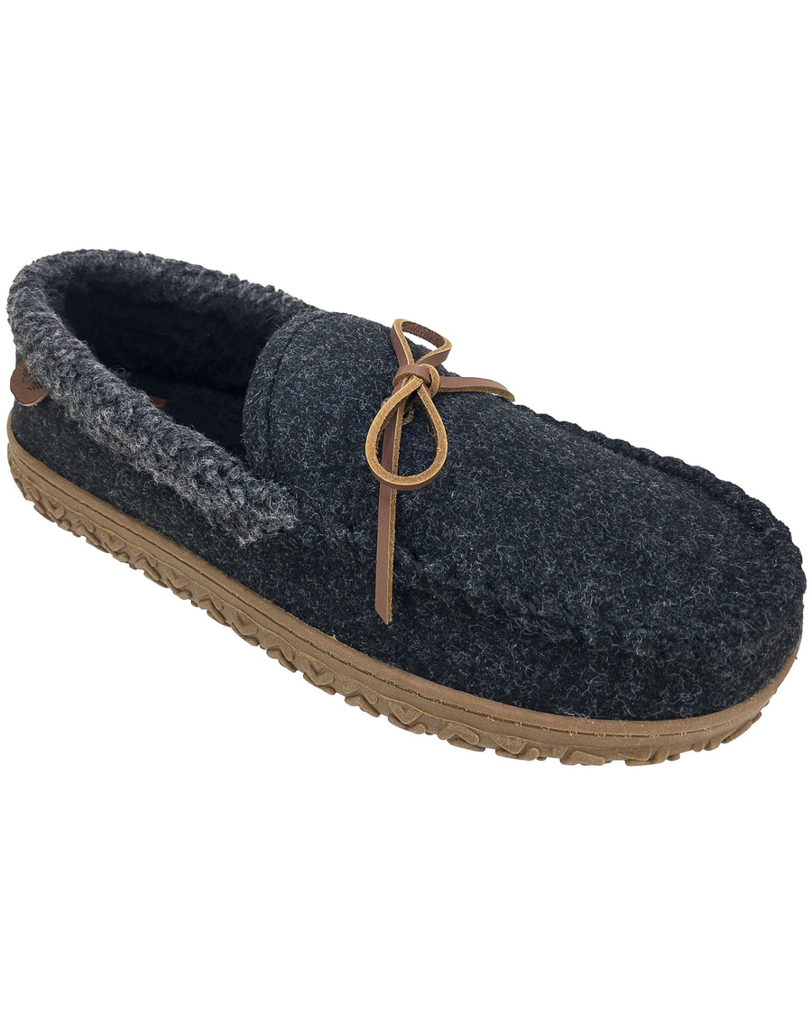 Front view of  Grey Rolled Collar Wool Moccasin Slippers.