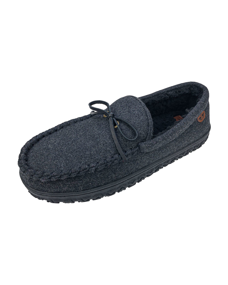 Front view of  Grey Rugged Microsuede Boater Moccasin Slippers.
