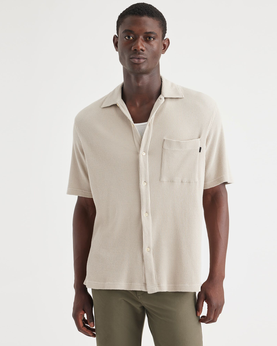 Front view of model wearing Grit Knit Button Up, Regular Fit.
