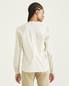 Back view of model wearing Grove Sahara Khaki Woven V-Neck Shirt, Regular Fit.