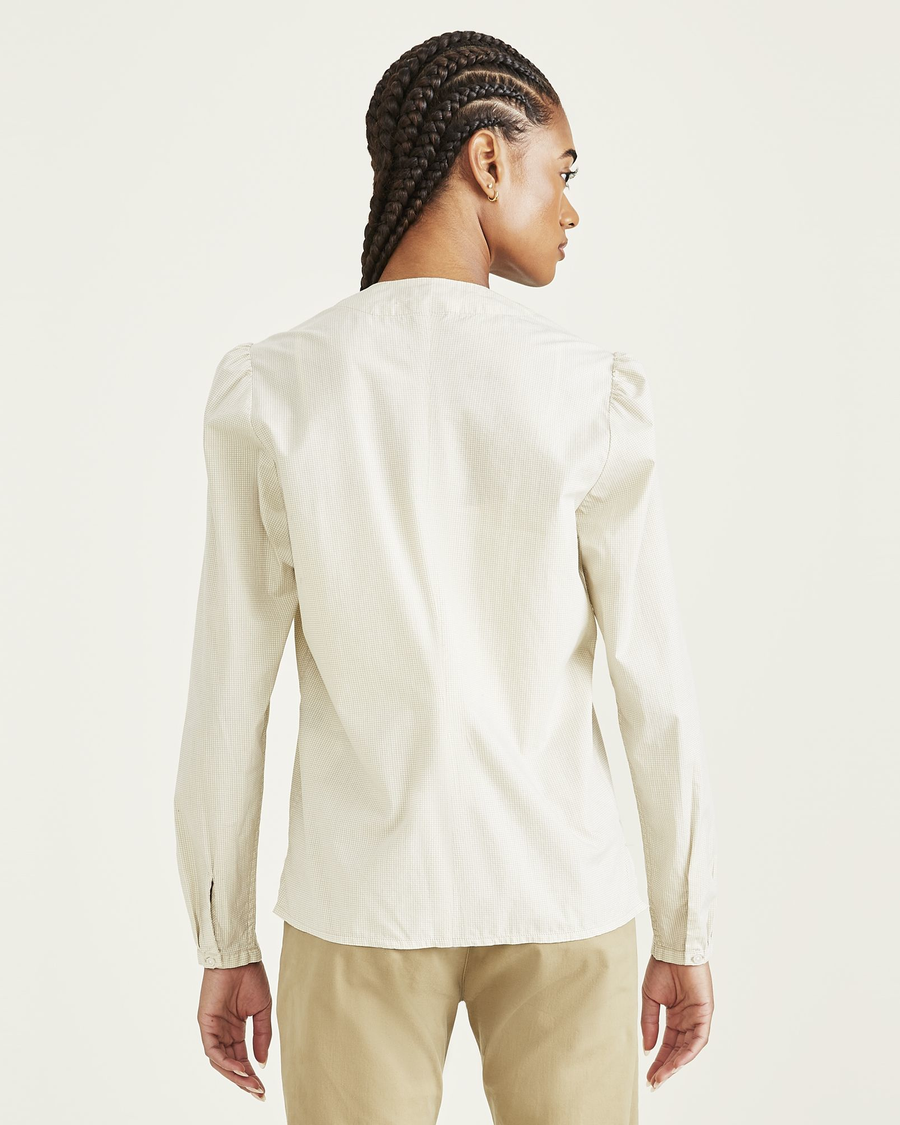Back view of model wearing Grove Sahara Khaki Woven V-Neck Shirt, Regular Fit.