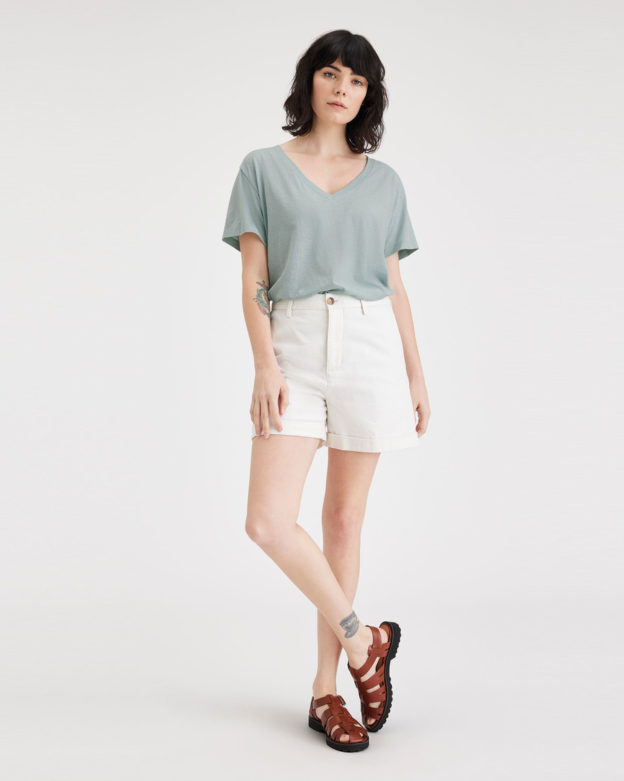 View of model wearing Harbor Grey Deep V-Neck Tee, Relaxed Fit.