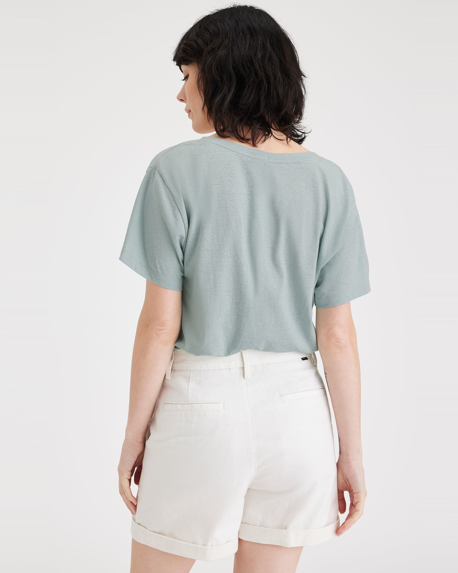 Back view of model wearing Harbor Grey Deep V-Neck Tee, Relaxed Fit.