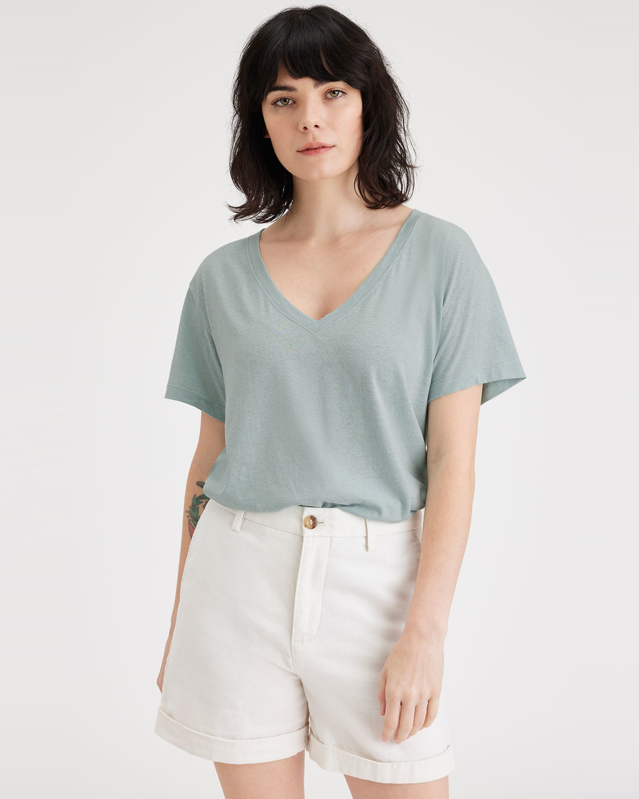 Front view of model wearing Harbor Grey Deep V-Neck Tee, Relaxed Fit.