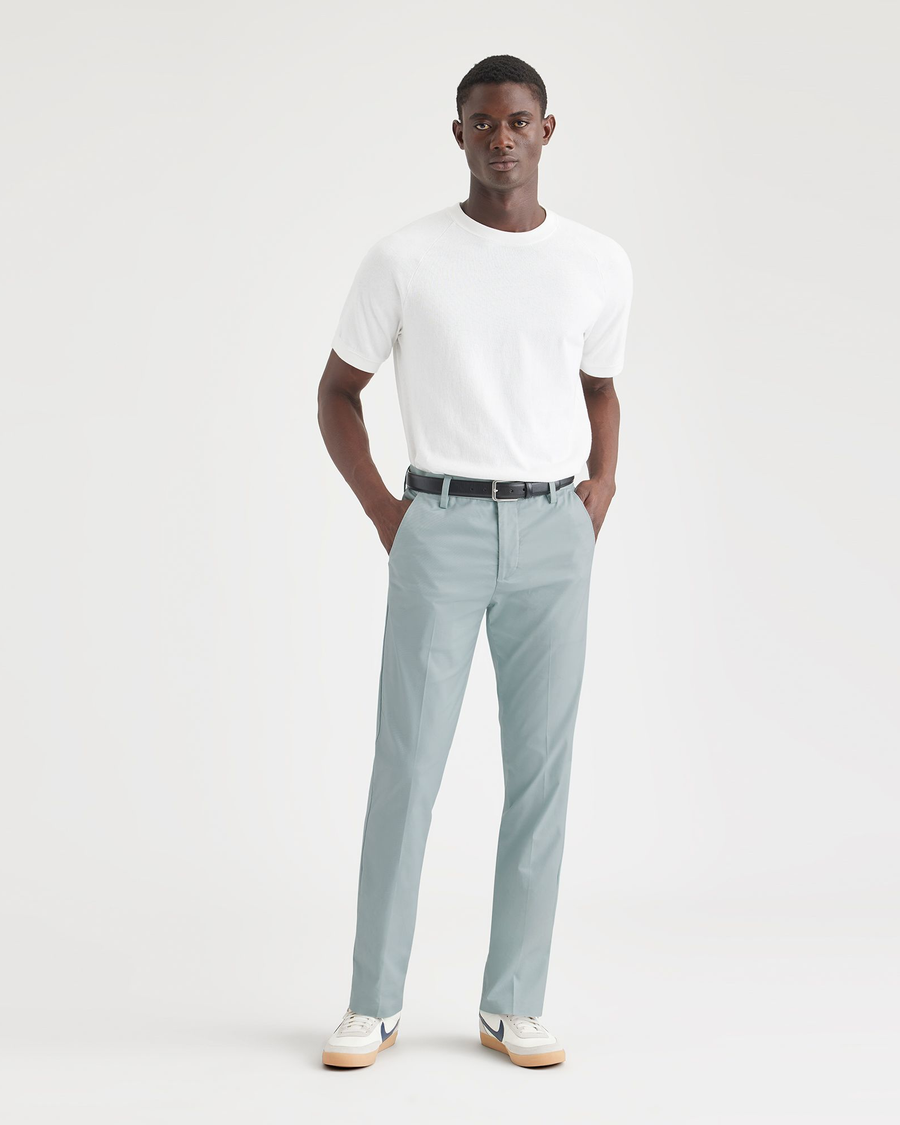 Front view of model wearing Harbor Grey Workday Khakis, Slim Fit.