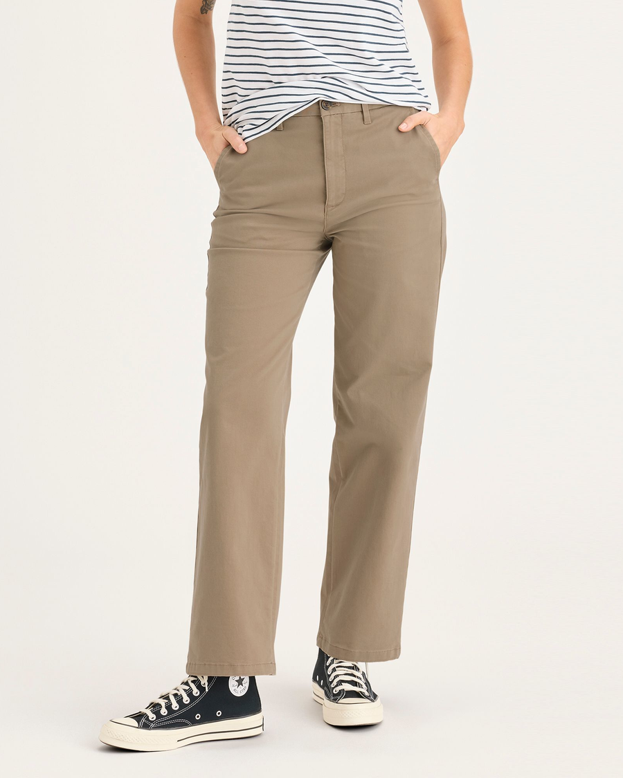 Front view of model wearing Harvest Gold Blake Chino, High Straight Fit.