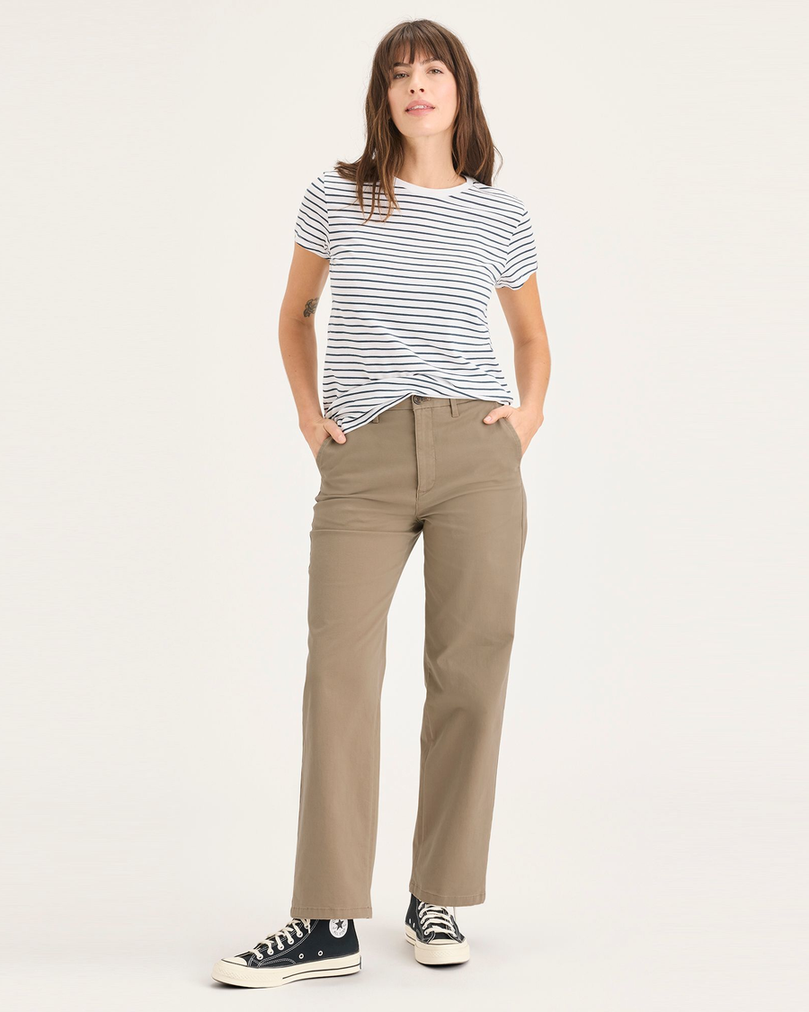 Front view of model wearing Harvest Gold Blake Chino, High Straight Fit.