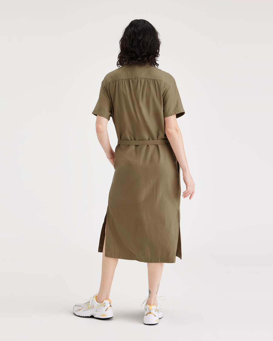 Back view of model wearing Harvest Gold Buttoned Midi Dress.