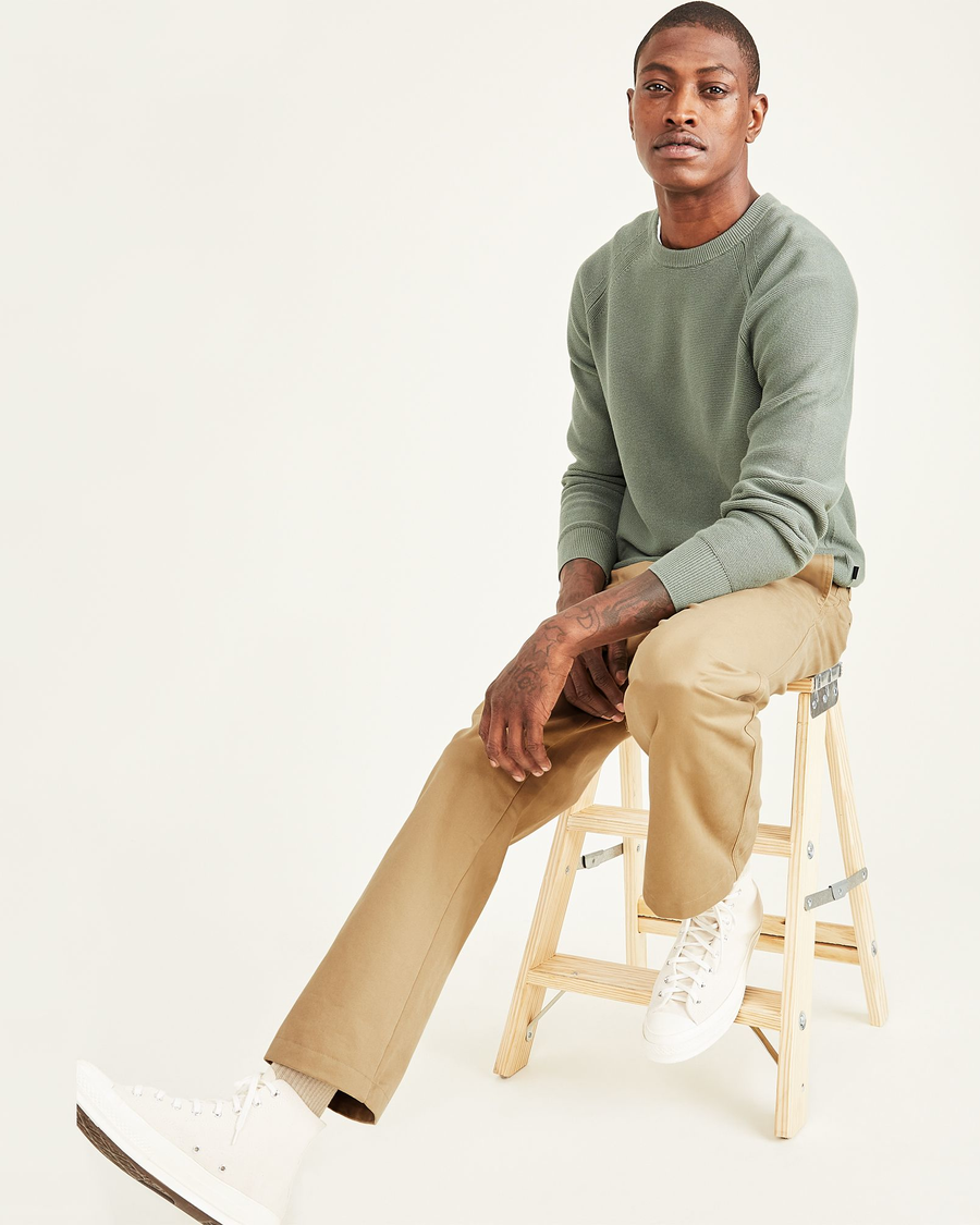 View of model wearing Harvest Gold Cropped Khakis, Straight Fit.