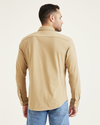 Back view of model wearing Harvest Gold Knit Button-Up Shirt, Regular Fit.