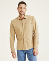 Front view of model wearing Harvest Gold Knit Button-Up Shirt, Regular Fit.