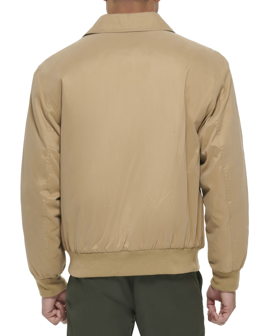Back view of model wearing Harvest Gold Microtwill Relaxed Laydown Collar Bomber.