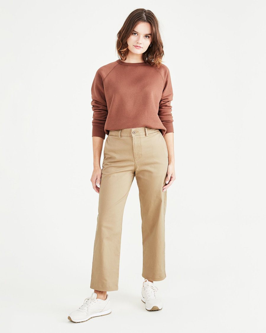 Front view of model wearing Harvest Gold Original Chinos, High Waisted, Straight Fit.