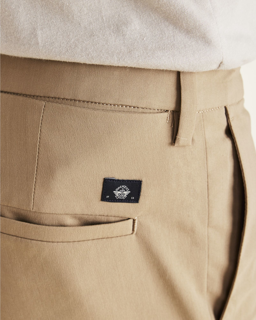 View of model wearing Harvest Gold Signature Go Khakis, Slim Fit.