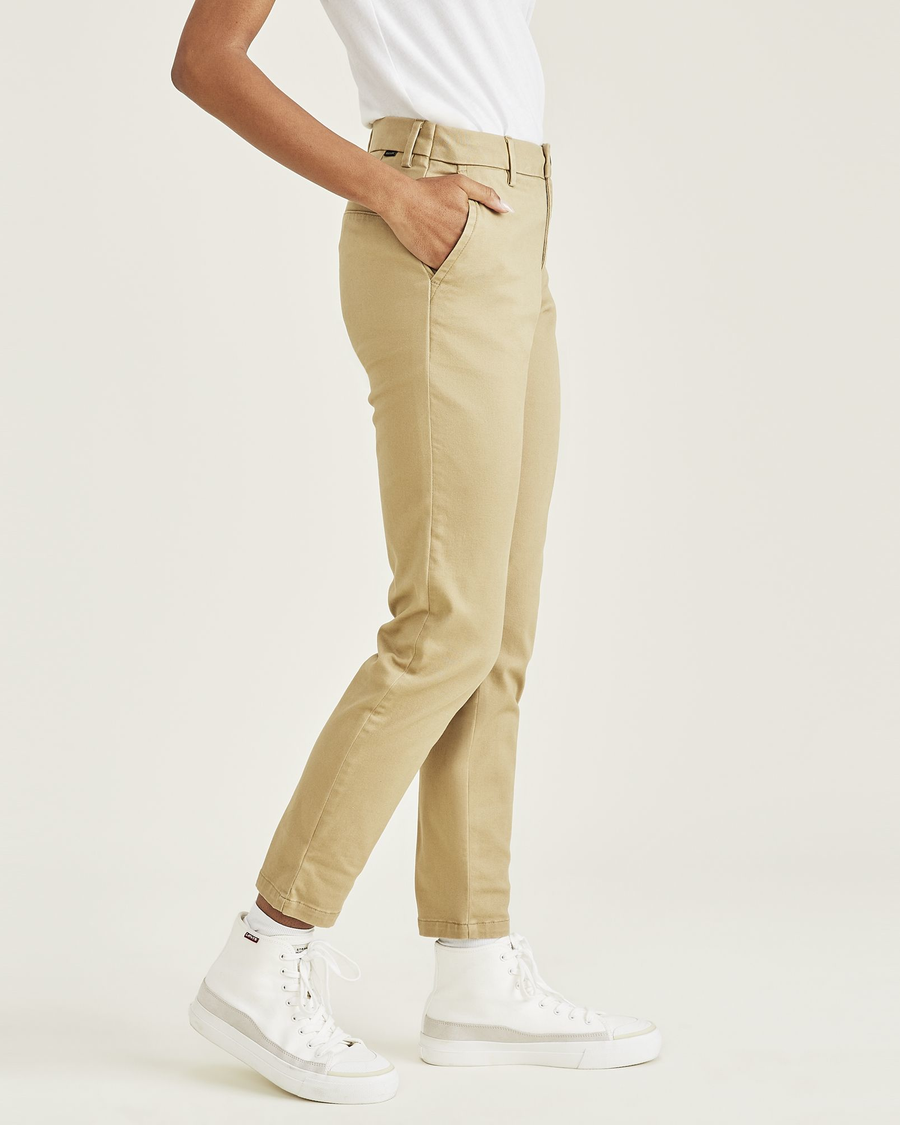 Side view of model wearing Harvest Gold Weekend Chinos, Skinny Fit.