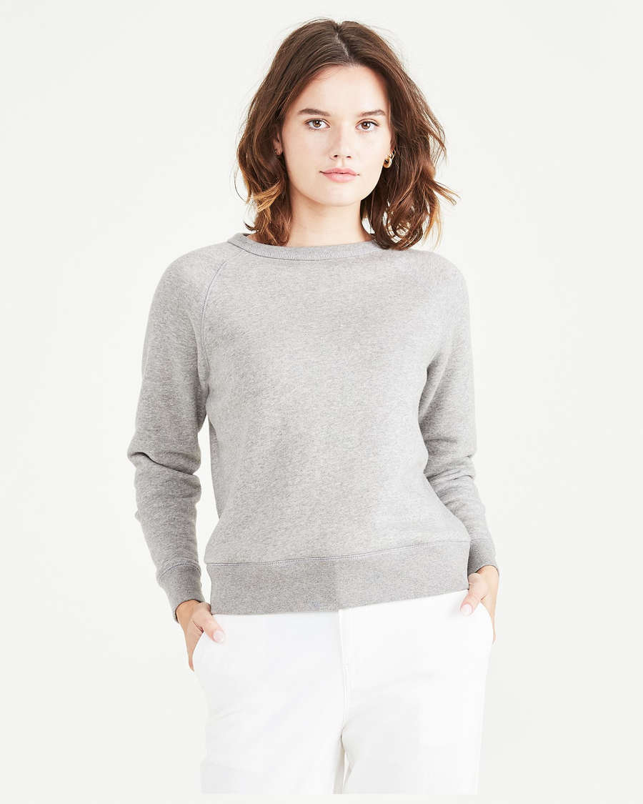 Front view of model wearing Heather Grey Crewneck Sweatshirt, Classic Fit.