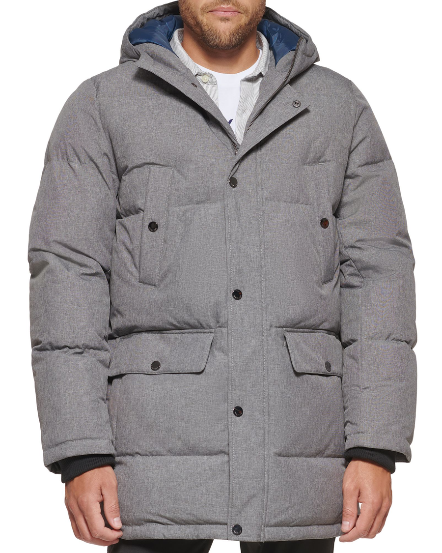 Front view of model wearing Heather Grey Quilted Arctic Hooded Parka.