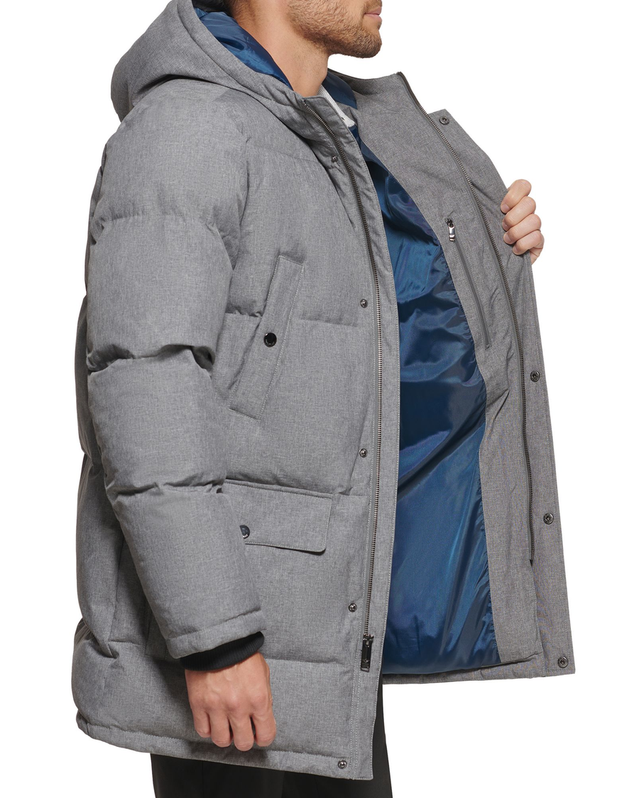 Side view of model wearing Heather Grey Quilted Arctic Hooded Parka.