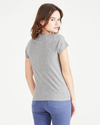 Back view of model wearing Heather Grey V-Neck Tee Shirt, Slim Fit.