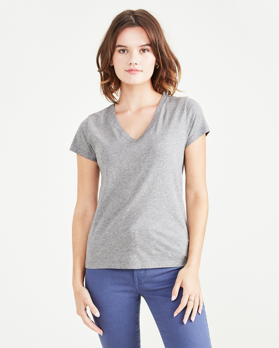 Front view of model wearing Heather Grey V-Neck Tee Shirt, Slim Fit.