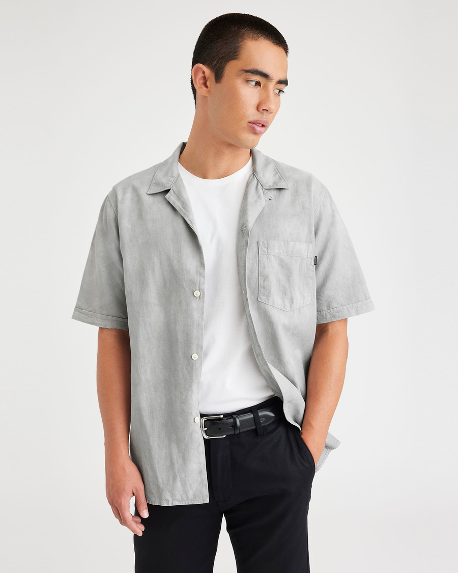 View of model wearing High Rise Camp Collar Shirt, Regular Fit.