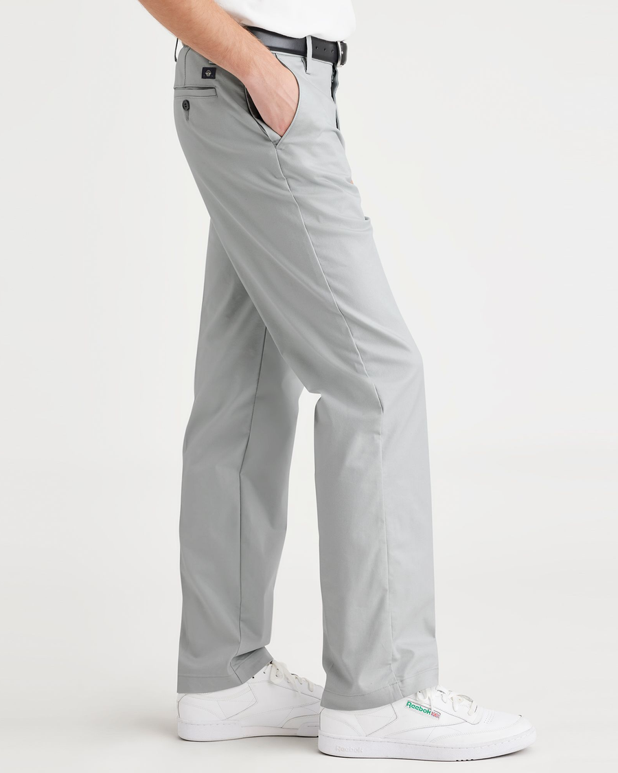 Side view of model wearing High Rise Workday Khakis, Straight Fit.