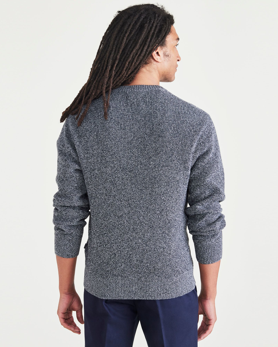 Back view of model wearing Highland Twist Beautiful Black Sweater, Regular Fit.
