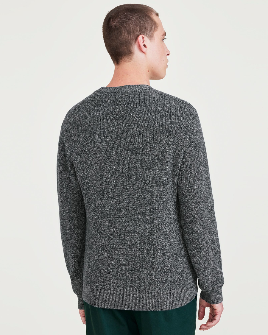 Back view of model wearing Highland Twist Navy Blazer Sweater, Regular Fit.