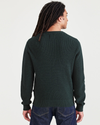 Back view of model wearing Highland Twist Pine Grove - Green Sweater, Regular Fit.