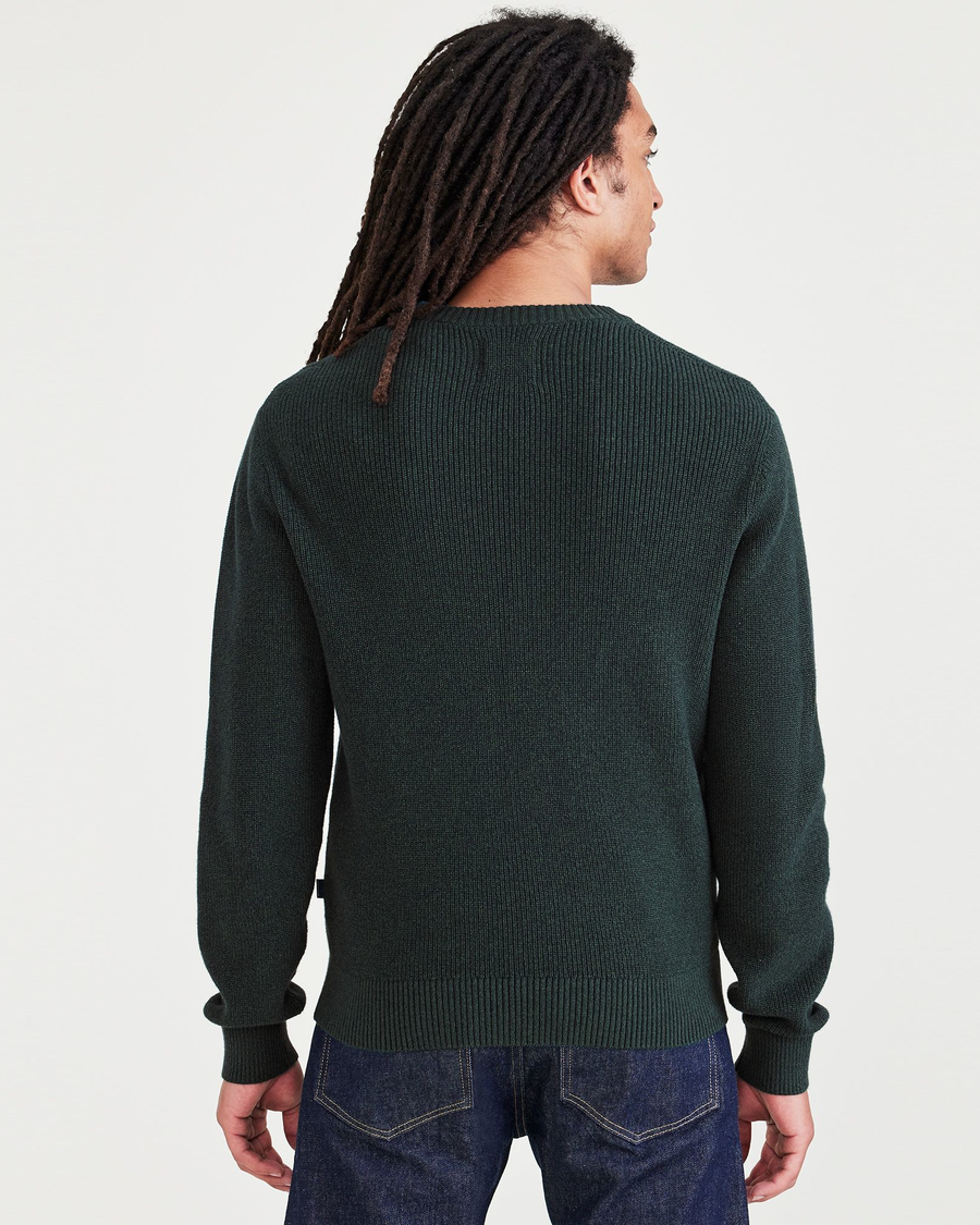 Back view of model wearing Highland Twist Pine Grove - Green Sweater, Regular Fit.